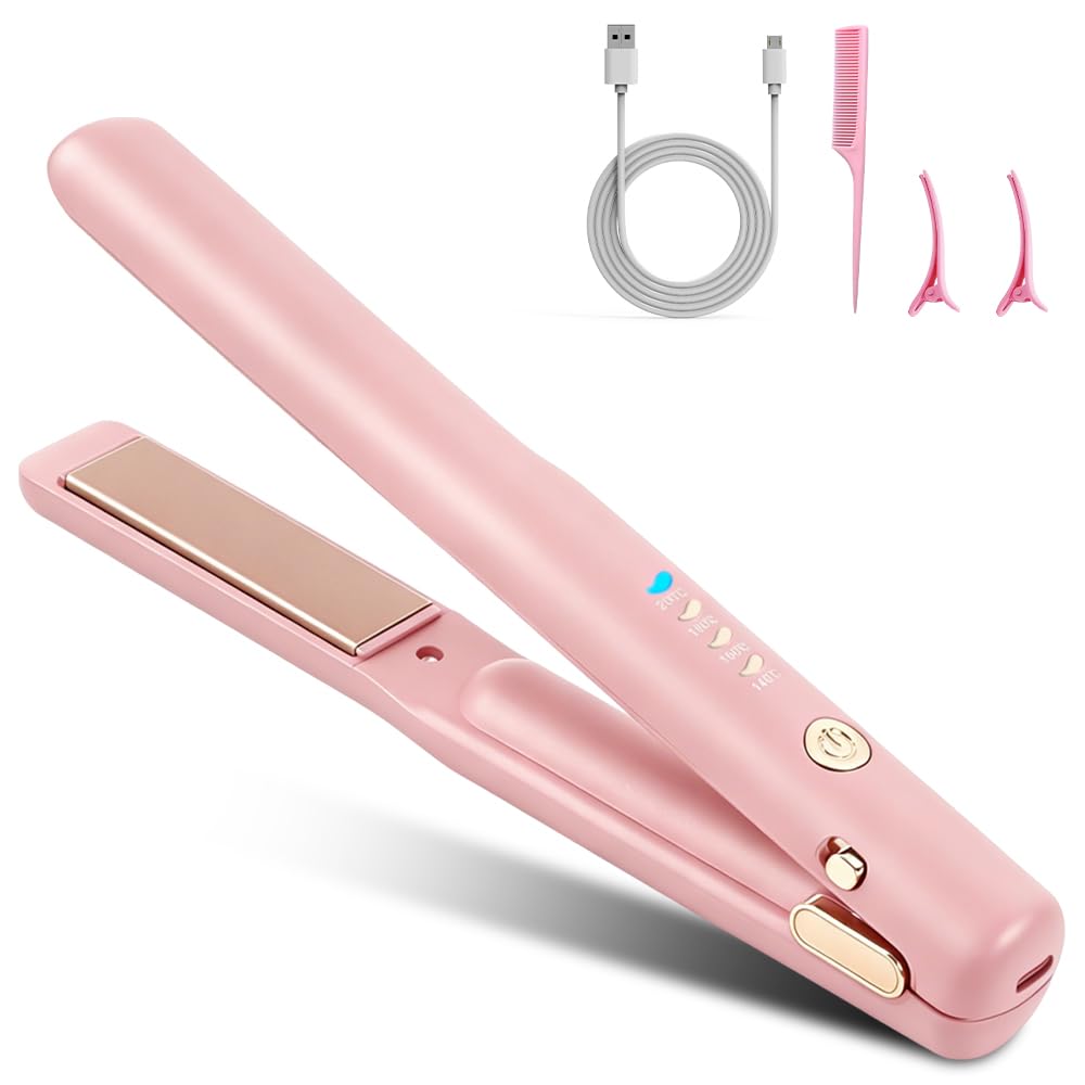 2 In 1 Mini Glätteisen Kabellos und Lockenstab, Hair Straightener, 4 Temperaturen, Wiederaufladbare Glätte, Mini Haarglätter für Langes, Kurze Haare, Glätten, Wellen, Locken Nach Innen (Rosa)