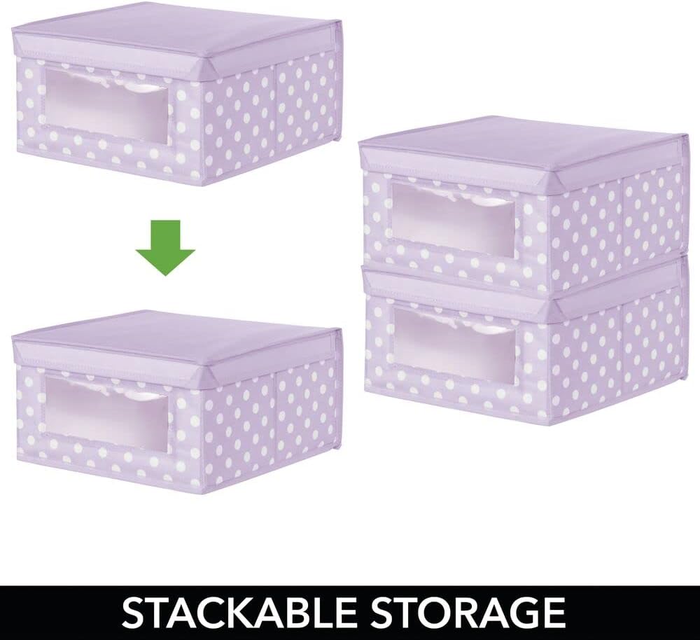 mDesign Medium Soft Stackable Fabric Baby Nursery Storage Organizer Holder Bin Box with Front Window and Lid for Child/Kids Bedroom, Playroom, Classroom - 4 Pack, Light Wisteria Purple/White Polka Dot