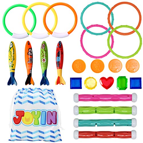 JOYIN 24 Pcs Diving Pool Toys Set with Bonus Storage Bag Includes 7