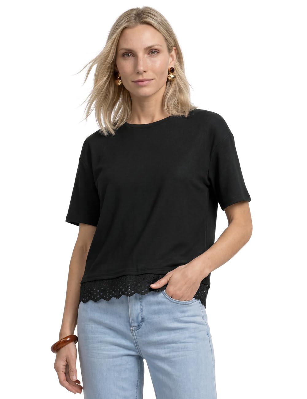 Street One T-Shirt with Crew Neck and Lace Black 34