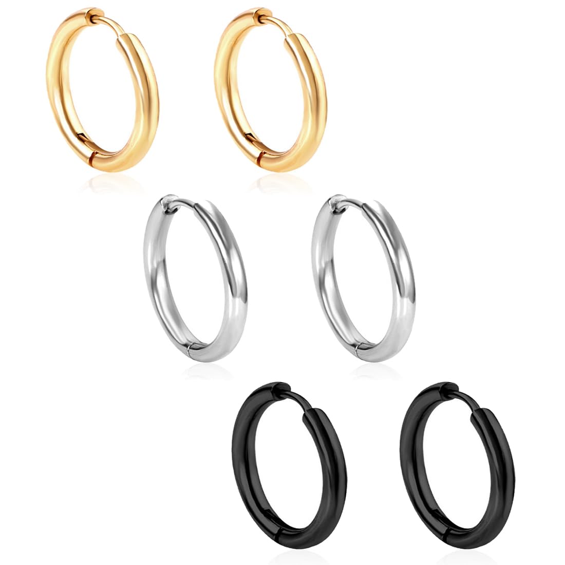 EODKSE Set de 3 pares de pendientes de aro unisexo en acero inoxidable, hipoalergénicos y de 12 mm en negro, oro y plata, Ideal para hombres y mujeres,