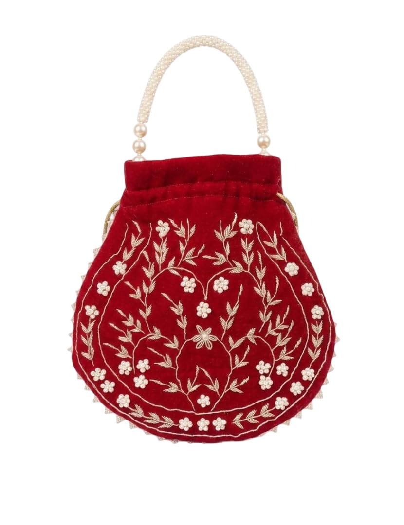 HAND CRAFT Luxury Women’s Velvet Potli Bag Premium Silk with Embroidery & Pearl Handle | Ladies Purse Handbag | Stylish Potli bag for Women | Drawstring Clutch Purse for Wedding, Festive, Party-image-37