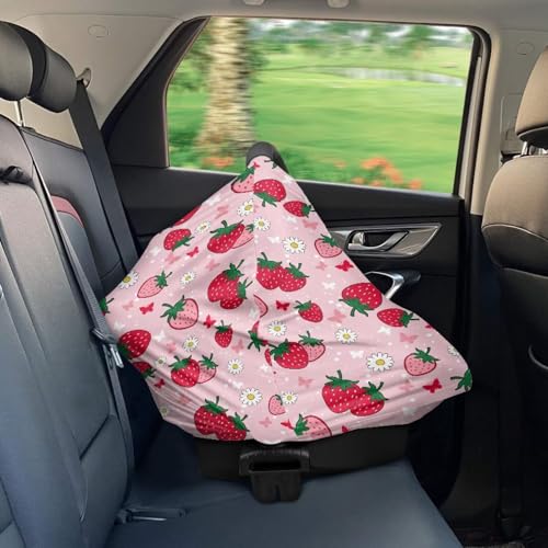 Image of Breast Feeding Cart Baby Car Seat Covers Canopy Cover, Pink Strawberry Nursing Cover and Carseat Cover, Shopping Cart Cover for Baby