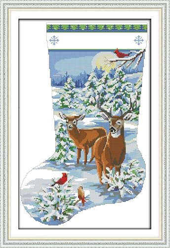 Image of Howie's Needlepoint Cross Stitch Kits, 14CT Pre-Printed Christmas Pattern Embroidery Kits, Full Range of Stamped Starter Needlework Kits (Elk Christmas Stockings, 13.39 x 19.69inch)