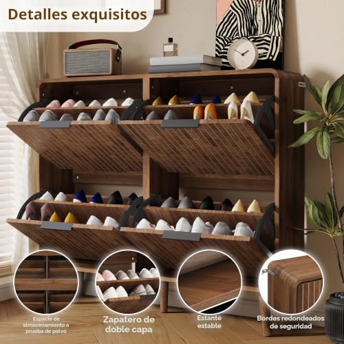 Zapatero estrecho de 105 cm con 4 puertas abatibles color nogal 6
