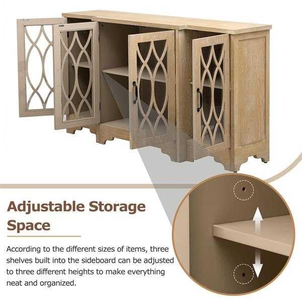 Familienfreundliche Retro Kommode Glastür mit geschwungenem Liniendesign, geräumiger Aufbewahrungsschrank mit schwarzem Griff und drei verstellbaren Regalen für Esszimmer und Küche (Naturholz)