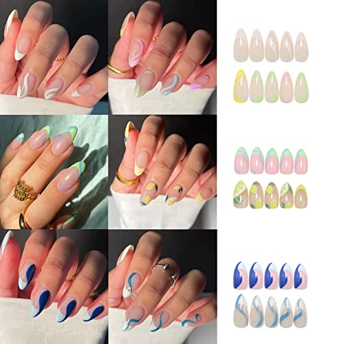 6 Packs (144 Pcs) Press on Nails Medium, Misssix Short Fake Nails Glue on Nails Almond Set with Adhesive Tabs Nail File for Women (G1)