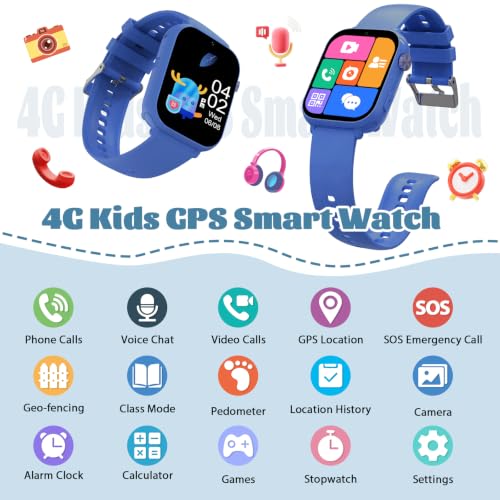 Image of 4G Kids Smart Watch for Boys Girls with GPS Tracker, SOS, Two Way Call Video Calling Voice Chat,School Mode, Alarm Clock,Safe Zones,Pedometer,Stopwatch,Games Children Smartwatch for 4-12 (4G Blue)