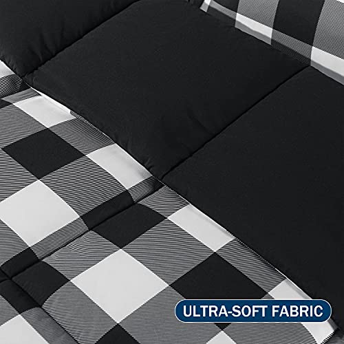 Downluxe Lightweight Plaid Comforter Set (Queen) With 2 Pillow Shams - 3-Piece Set - Black/White Plaid - Down Alternative Reversible Comforter #TOP3