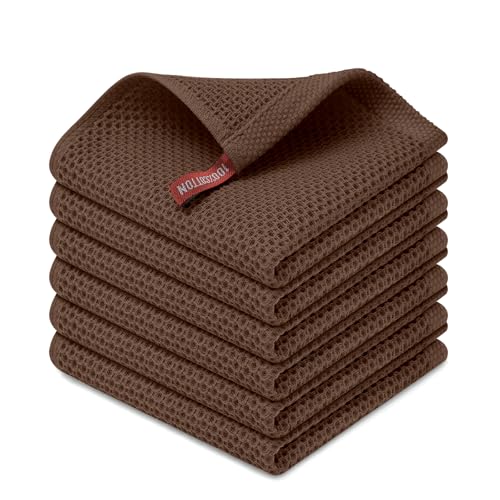 Kitinjoy 100% Cotton Kitchen Dish Cloths (12 X 12 Inches, Coffee),6 Pack Waffle Weave Ultra Soft Absorbent Dish Towels for Drying Dishes Quick Drying Kitchen Towels Dish Rags
