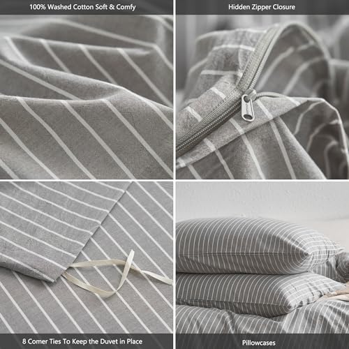 Image of MooMee Striped Duvet Cover Set 100% Washed Cotton Linen Like Cal King | Relaxed Linen-like Texture. Soft, Breathable & Long-lasting Comfort. Lightweight. Hidden Zipper with 8 Interior Corner Ties