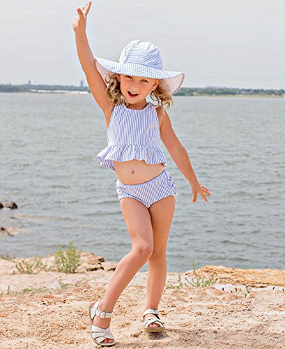 Rufflebutts® Baby/Toddler Girls Periwinkle Blue Striped Seersucker Swim Hat - 3T-5 #TOP2