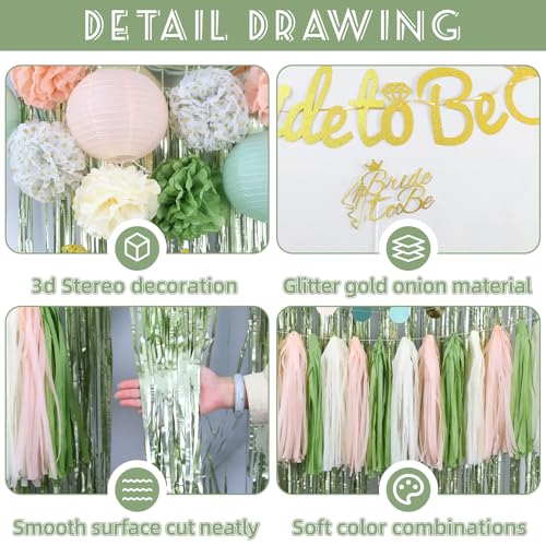 Image of Sage Green Bachelorette Party Decorations, Bride To Be Decorations Include Paper Pompoms Lanterns Fringe Curtain String Tassel Balloon banner for Bachelorette Wedding Bridal Shower Decorations