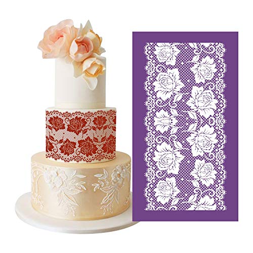 AK ART Kitchenware Alencon Rose Flower Lace Mesh Cake Stencils Royal Icing Cookie Decorating Template Fondant Decoration Edible Art Bakery Tools Purple 13.4×7.5in MST-53