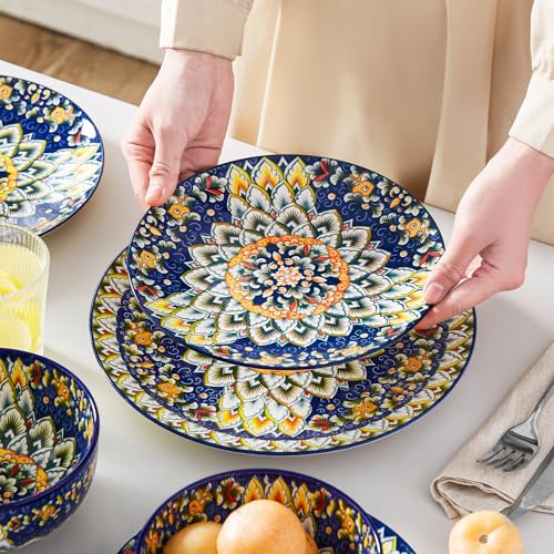 Image of vancasso 12 Pieces Dinnerware Sets, Blue Plates and Bowls Set, Porcelain Dishes Set for 4, Microwave and Dishwasher Safe, Scratch Resistant, Bohemian Style Dining Ware Service for 4, Series SIMI