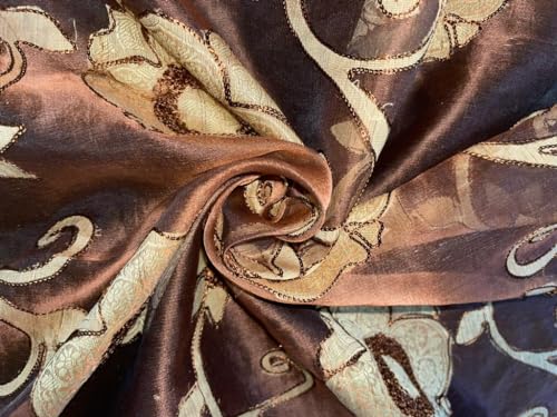 Organza de soie avec broderie florale en velours marron, largeur 111,8 cm [15350]