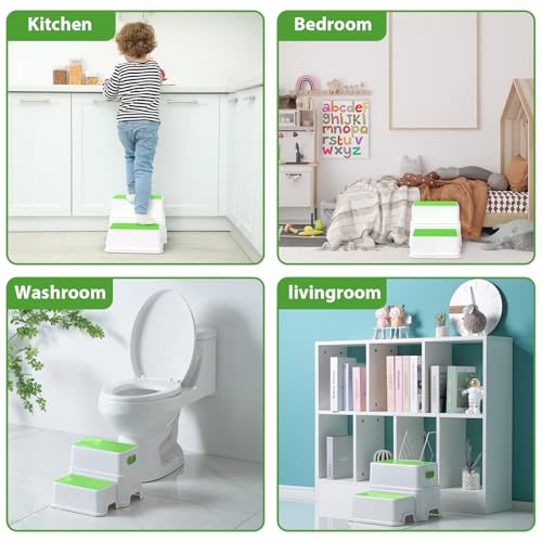Image of Victostar Toddler Step Stool,2 Kids Step Stool for Bathroom Sink,Baby Potty Stool with Anti-Slip Surface and Rubber Bottom,Plastic Stool with Handle for Toilet Potty Training Bathroom Kitchen