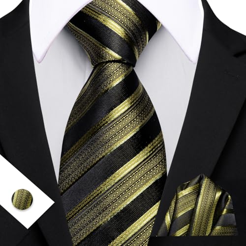Image of Barry.Wang Man Stripe Ties Set Silk Woven Pocket Square Necktie Cufflinks Formal Party Business