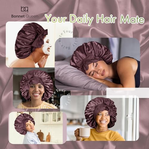 Image of BONNET QUEEN Silk Bonnet for Sleeping Women, Double layer Satin Hair Bonnet for Curly Hair, Satin Hair Cap for Sleeping
