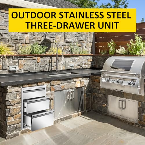 Image of Outdoor Kitchen Drawers Triple BBQ Drawers 20 inch W x 27 inch H x 23 inch D Flush Mount Stainless Steel Drawer with Hidden Handle for Outdoor Kitchen