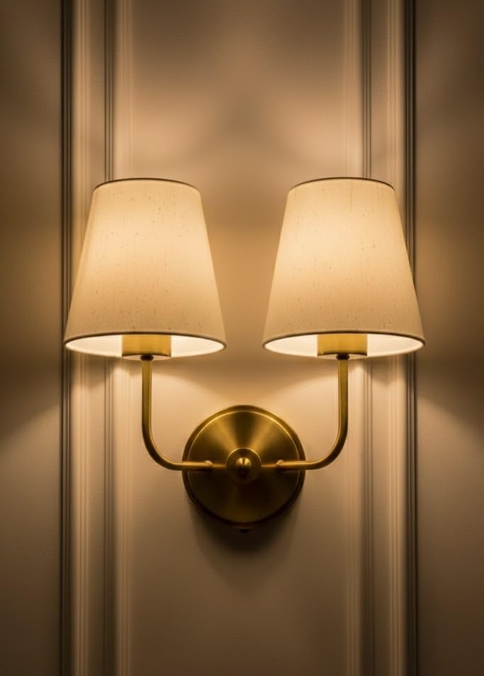 Image of Royal Aura Vintage Gold Wall Lamp | Classic Cream Fabric Pleated Shade | Dual Arm Metal Frame | Decorative Lighting Fixture for Living Room & Bedroom