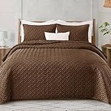 Exclusivo Mezcla Soft Quilt Set King Size, 3 Pieces Lightweight Quilts Brown Bedspreads Coverlets Bedding Set for All Seasons, Weave Pattern