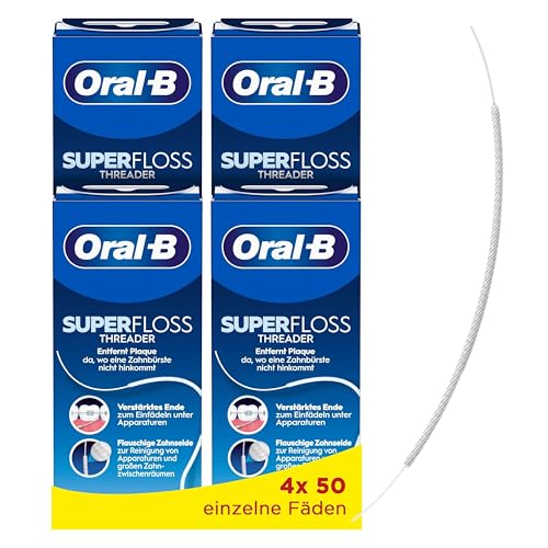 Oral B Superfloss Zahnseide, Entfernt Plaque & Zahnstein, Verstärktes Ende oder Flauschige Mitte für enge und weite Räume, Zur Reinigung von Zahnspangen und Apparaturen,4x50 vorgeschnittene Fäden,Blau