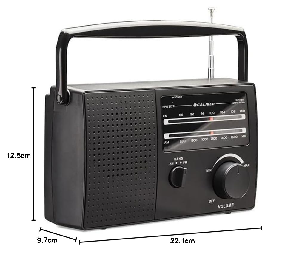 Caliber Radio Retro FM na baterie – Przenośne radio w stylu vintage z wejściem na słuchawki, odbiór FM, uchwyt i antena teleskopową do domu, na zewnątrz i na kemping