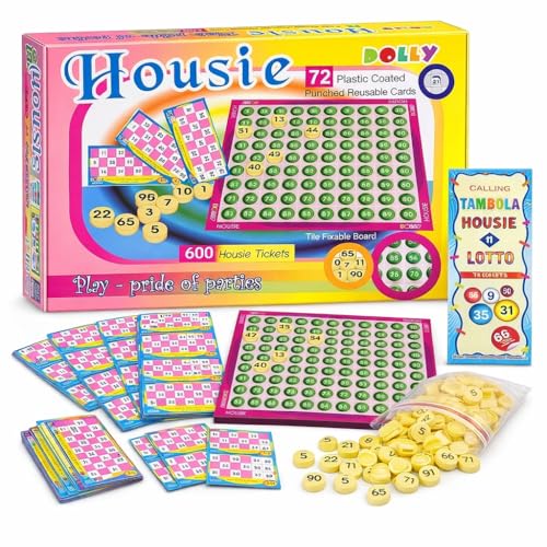 Image of Tambola Housie Game Set - 600 Tickets, 72 Reusable Plastic-Coated Cards, Number Tiles & Fixable Board - Fun Party & Family Game for Kids & Adults