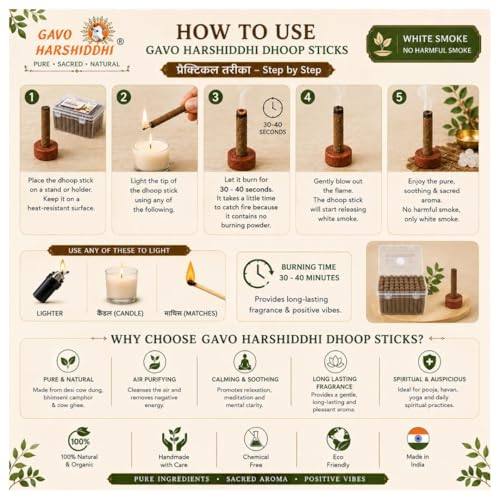 Image of GAVO HARSHIDDHI Cow Dung Bhimseni Camphor Dhoop Batti | Natural Dhoop Sticks with Cow Ghee & Devdar Wood for Pooja, Meditation, Yoga & Spiritual Fragrance