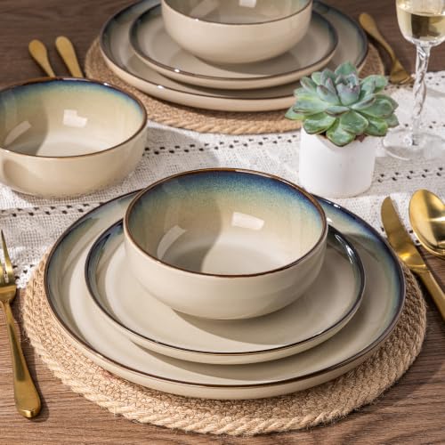 Image of GBHOME 32 Pieces Stoneware Double Bowls Dinnerware Sets for 8, Ceramic Plates and Bowls Set with Reactive Glaze, Scratch Resistant Dishes Set, Dishwasher & Microwave Safe