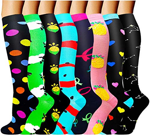 Diu Life 3/8 Pares Calcetines de Compresión Medias de Compresion Mujer y Hombre para Running,Atlético, Ciclismo,Médico, Enfermera,Volar, Viajar. B-08-multicolor-8 Pares, S-M