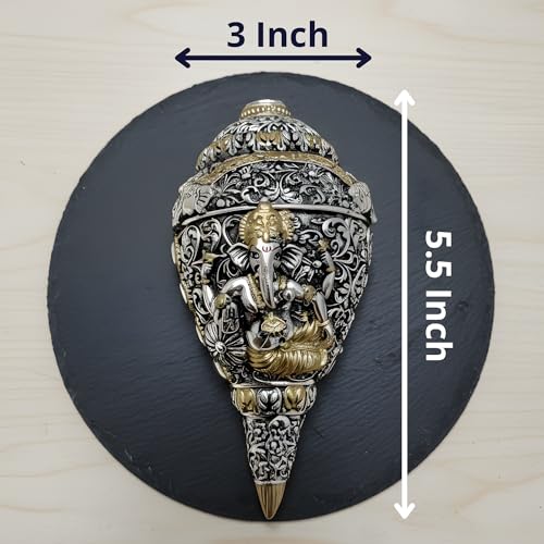 Image of 999 Pure Silver Plated & 24K Gold Plated Ganesh Shankh | Sacred 5.2 Inch Dual-Tone Conch Shell | Vastu Showpiece for Success & Wealth | Auspicious Pooja Gift.