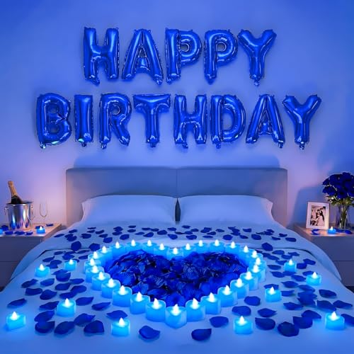 Image of Blue Happy Birthday Balloons Decorations Happy Birthday Letter Balloons Banner Set with 24pcs Heart Flameless LED Candles and 2000pcs Artificial Rose Petals for Women Men Room Party Decor