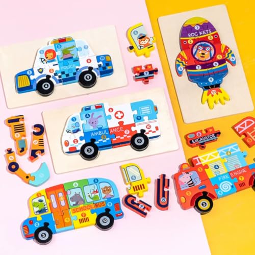 Rompecabezas formas 3D de madera con autobús escolar y camión de bomberos infantil 3