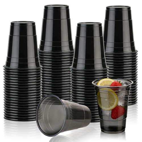 YBSAHLYY 100 Pack 12 oz Black Plastic Cups Black Party Cups Clear Disposable Wine Glasses for Birthdays Picnics Carnivals & Party Events
