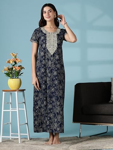 Image of 9shines Label Stylish Pure Cotton Nighty Maxi for Women | Embroidery Neckline Nightgown | A-Line Nightdress with Pocket | Floral Night Gown| Soft Comfortable Cotton Sleepwear (Cotton Yoke)