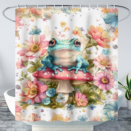 AILONEN Frog Mushroom Shower Curtain for Bathroom - Watercolor Flower Frog Curtains 72