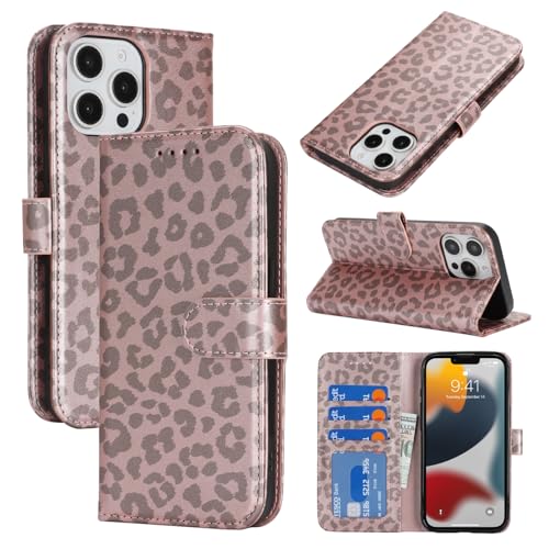 Image of for iPhone 13 Pro Max Case Wallet with Card Holder,for iPhone 12 Pro Max Wallet Case for Women Men,PU Leather Shockproof Magnetic Buckle Stand Flip Phone Case-Rose Gold Leopard