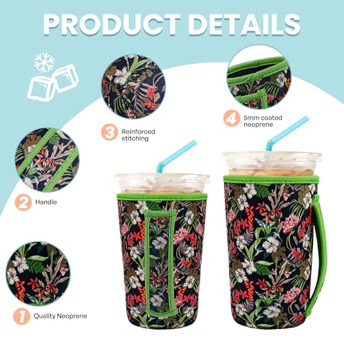 Image of KJQJLY 3 Pack Reusable Iced Coffee Sleeves for Iced Coffee Cups or Drinks Reusable Neoprene Insulated Sleeves for Hot and Cold Drinks from Starbucks, Dunkin, And More (Leaves and grass)