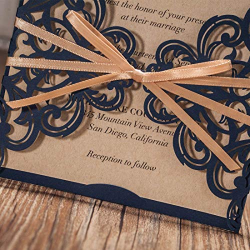 Jofanza 50Pcs 5.9 X 5.9 Inch Laser Cut Wedding Invitations With Bowknot Navy Blue Lace Sleeve Invitation For Engagement Quinceanera Birthday Invites #TOP4