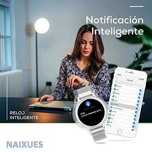 NAIXUES Smartwatch, Reloj Inteligente para Mujer, Reloj Deportivo Impermeable IP67 con Monitor de Sueño Pulsómetro Podómetro Notifica Whatsapp, Pulsera Actividad Inteligente para Android iOS (Plata)