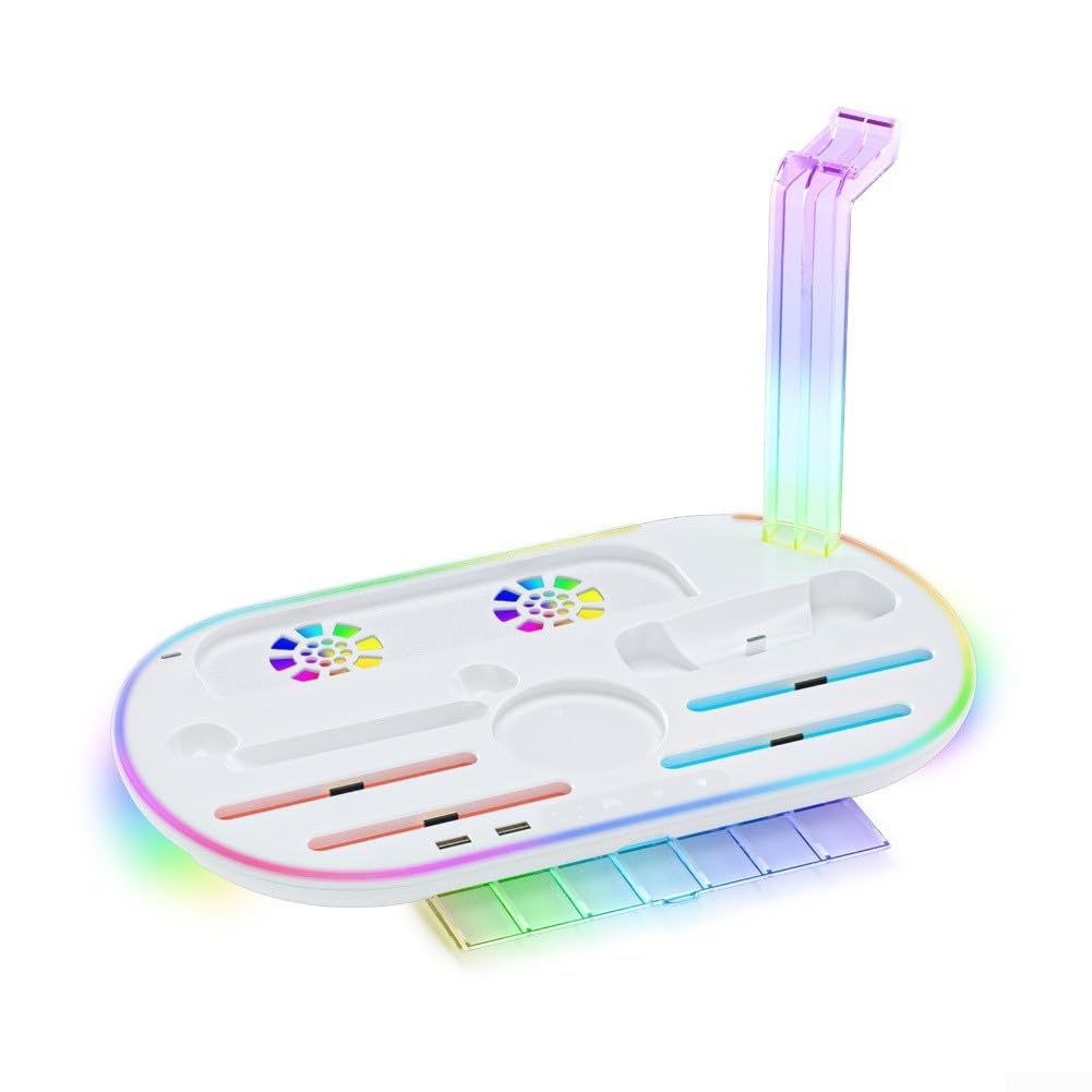 Ladestation für Nintendo Switches 2 Konsole mit integriertem Lüfter, 7 Kartenspeicher, Controller-Organizer, Dock, 9 RGB-Lichtmodi, ABS-Material, Gaming-Zubehör, Ständer (weiß)