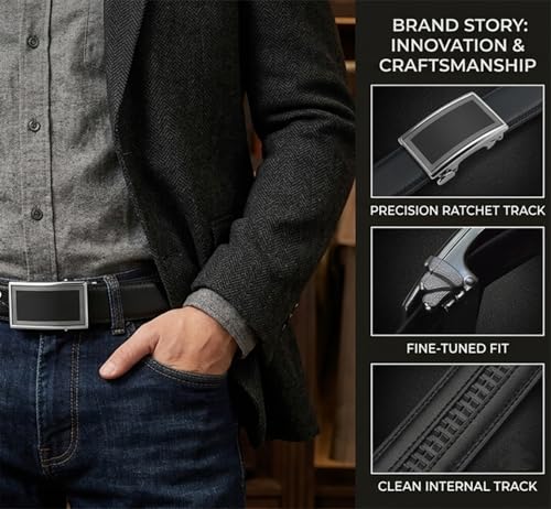 Image of JINIU Men's Ratchet Belt Buckle, Black Genuine Leather Slide Belt for Men Dress Suit, Micro Adjustable Trim to Fit Boxed