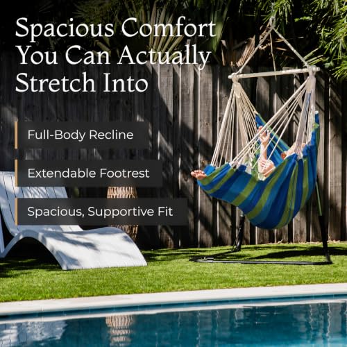 Image of Hanging Hammock Chair Swing - Outdoor & Indoor - Hammock Swing Chair | Footrest, Spacious XL Seat, For Adults, Cotton Blend, All Hardware Included, Ceiling Mount, Bedroom to Porch Use
