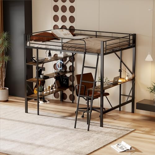 Idemon 90 x 200 cm, struttura letto in metallo, letto a soppalco con scrivania e tre ripiani grandi, per bambini, ragazzi e adulti, colore: nero