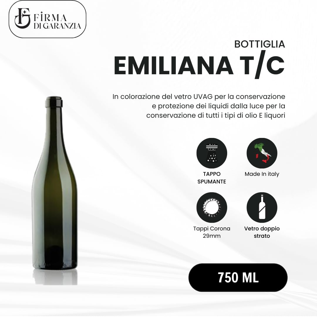 BOTTIGLIA EMILIANA PER VINO E SPUMANTE 750 ML CON PREDISPOSIZIONE TAPPO CORONA COLORE UVAG - BOTTIGLIA PER VINI VUOTA PREGIATI PER TAPPI CORONA SUGHERO E PLASTICA 20 PZ