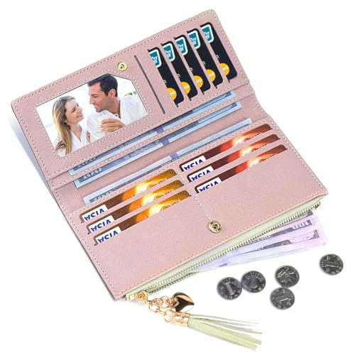 KOTORA Womens Slim Wallet Girls Thin Wallets Pretty Mini Long Card Holder Small Tiny Clutch Zip Purse Love Pendant Tassels Billfold (Beige)4