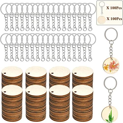 FOCCTS 100Pcs of Natural Wood Slices, Unfinished Predrilled Log Discs Wooden Circles with 100Pcs Key Rings Combination Set, Perfect for DIY Christmas Decorations Ornaments