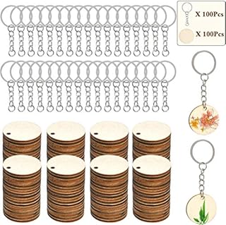 FOCCTS 100Pcs of Natural Wood Slices, Unfinished Predrilled Log Discs Wooden Circles with 100Pcs Key Rings Combination Set, Perfect for DIY Christmas Decorations Ornaments